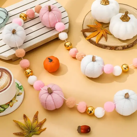 8.2Ft Fall Felt Garland 3D Pink White Pumpkin with Gold Bead Hanging Banner {3}