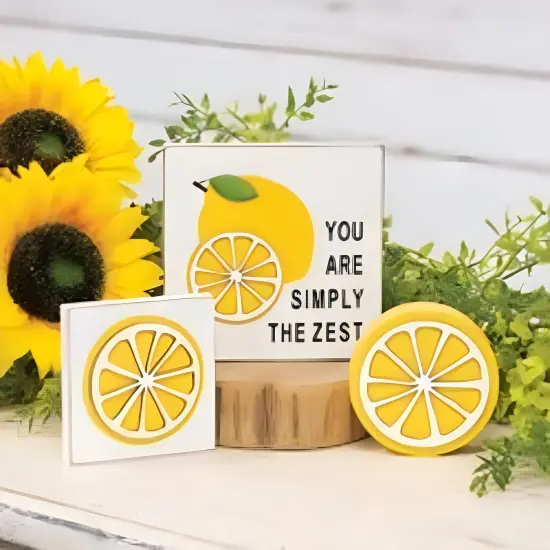 Wood Lemon Graphic Square Block Freestanding Decor with Bright Finish {2}