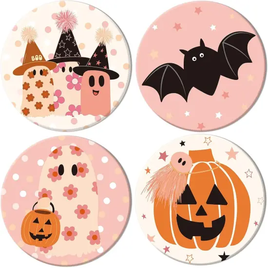 4Pcs Halloween Coasters Pink Ghost Bat Pumpkin Ceramic Coasters {1}