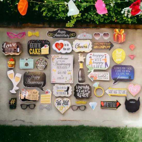 Anniversary Photo Booth Props - 41-Piece Kit with 8x10 Sign, Sticks & Adhesive Pads {5}