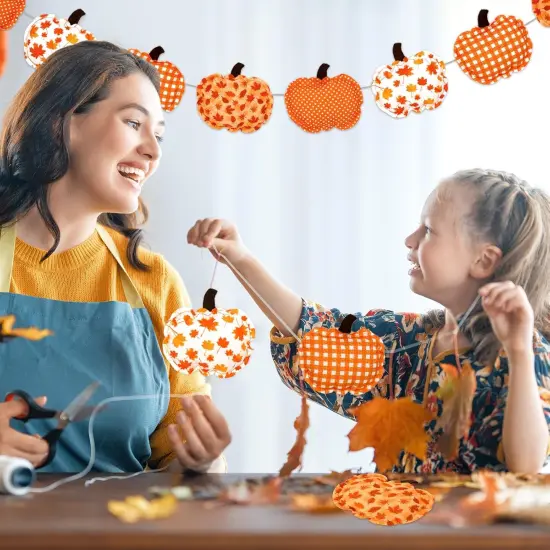 3D Pumpkins Banner Fall Harvest Garland Pre-Assembled Plaid Maple Leaf {4}
