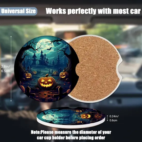 Pack of 2 -Cup Holders Car Coasters - Halloween Night Pumpkins Absorbent Ceramic Coaster {2}