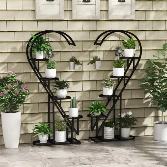 Costway 5 Tier Metal Plant Stand Heart-shaped Shelf with Hanging Hook for Multiple Plants Black/White/Pink & Blue {2}
