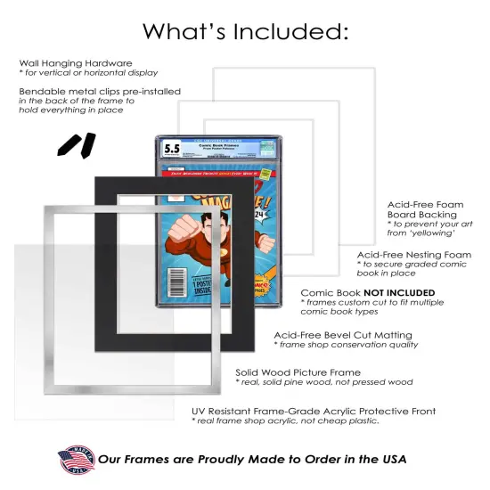 Comic Book Frame with Mat for 4 Graded Comics - Silver Wood Comic Frame With Black Mat for 8.125x13 Comics - 20.75x30.5 Frame Size {3}
