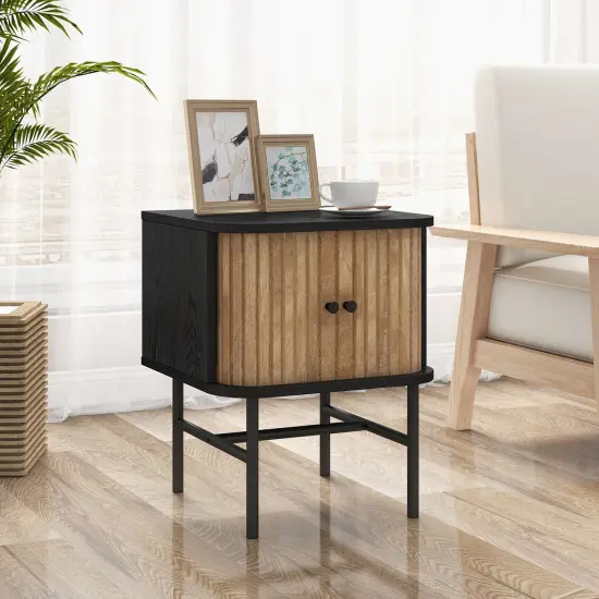 Costway Sliding Door Nightstand Mid-century Modern Storage End Table with Cabinet Black/Distressed White {9}