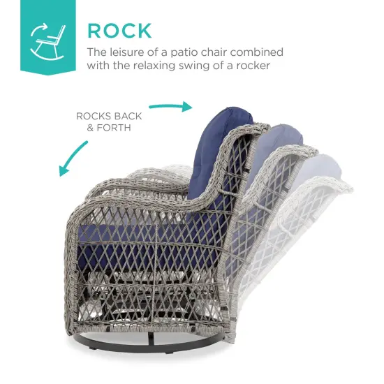 Best Choice Products 3-Piece Patio Wicker Bistro Furniture Set w/ 2 Cushioned Swivel Rocking Chairs, Side Table Navy {3}