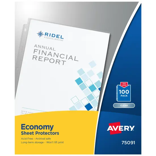 Avery Economy Weight Sheet Protectors, Acid Free, 8.5" x 11", 100 per pack, 100 Clear Document Protectors Total (75091) {1}