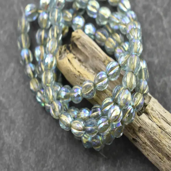 *25* 6mm Gold Washed Blue Aqua ABFaceted Round Melon Beads {4}