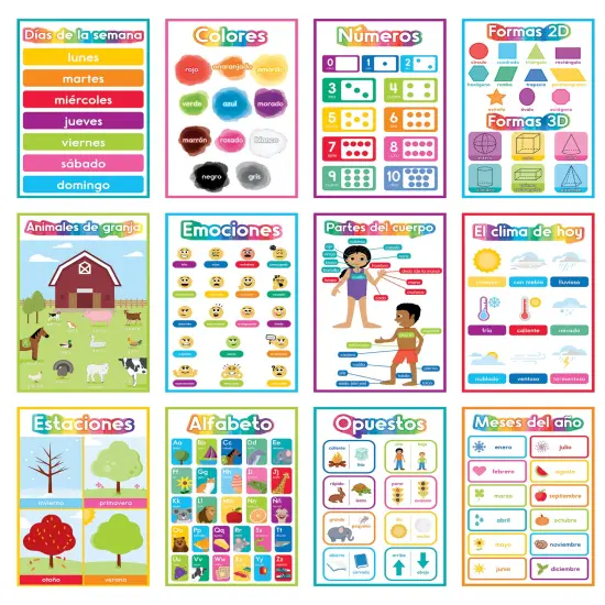 Carson Dellosa 16-Piece Spanish Early Learning Posters, 11" x 17" Colors, Numbers, Alphabet, Shapes, Sight Words Wall Art, ESL Preschool and Kindergarten Classroom Decor and Teacher Supplies {1}