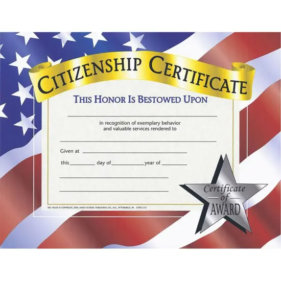Citizenship Certificate, 8.5" x 11", Pack of 30 {1}