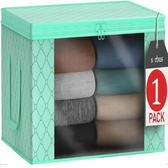 Sorbus Medium Clothes Storage Bag 1 Pack, Blanket Organizater Bin with Window, Lids, and Handles Teal {1}