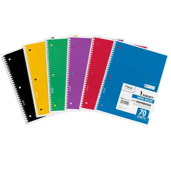 Spiral 1 Subject Notebook, Wide Ruled, 70 Sheets Per Book, Pack of 6 {1}