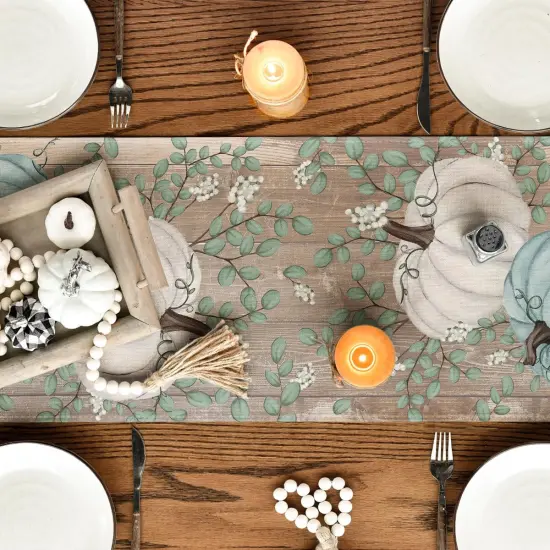 Pumpkins Eucalyptus Leaves Fall Table Runner - 13x72 Inch (Wood-Blue) {5}