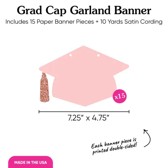 Big Dot of Happiness Rose Gold Graduation Cap Garland Banner, High School or Elementary Grad Photo Backdrop, 10 Feet of Cord, 15 Hats with Tassels {6}