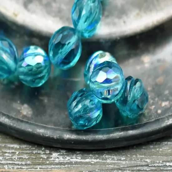 *12* 10mm Dark Aqua AB Faceted Round Melon Beads {3}