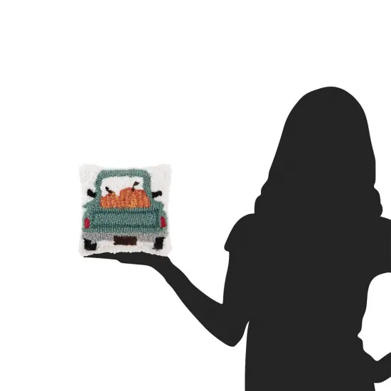 Pumpkin Pickup Truck Hooked Fall Mini Accent Pillow 8" x 8" {6}