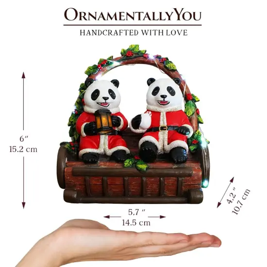 Nostalgic Panda Duo Festive Lighted Figurine, 6" LED Christmas Bear Statue {3}
