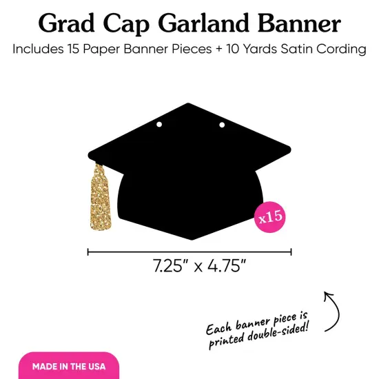Big Dot of Happiness Graduation Cap Garland Banner, High School or Elementary Grad Photo Backdrop, 10 Feet of Cord, 15 Black Hats with Gold Tassels {5}