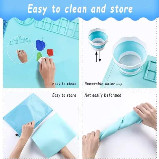 Silicone Craft Mat 20X16 Inch Large Silicone Art mat with Detachable Cup Painting Mat with 10 Painting Brushes Silicone Drawing Mat Sheets for Kids Adult DIY Accessories (Blue) {4}