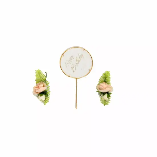 Gold Happy Birthday CAKE TOPPER Set Blush Silk Rose Flowers Party Decorations {1}