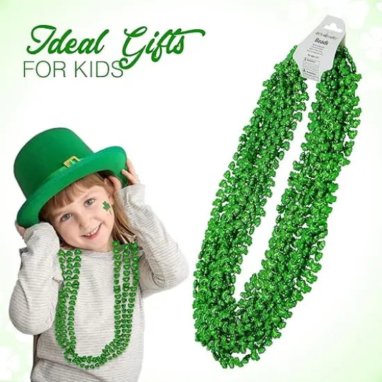 4E's Novelty St Patricks Day Beads Necklace Bulk (12 Pack) Shamrock Clover Green Beads - St. Patrick's Day Gifts for Kids, Kids Party Favor Supplies Costume Accessories {5}