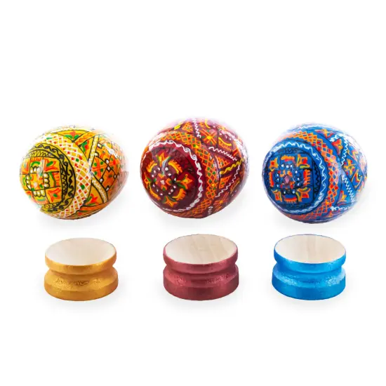 Set of 3 Colorful Geometric Ukrainian Pysanky Wooden Easter Eggs with Stands {5}