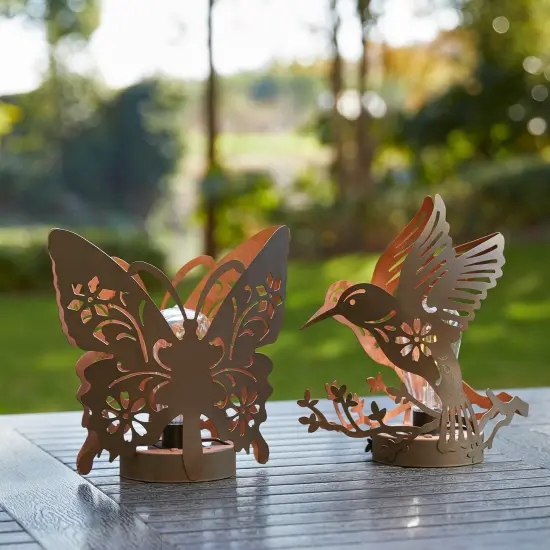 (Set of 2)9.75"H Black and Gold Metal Cutout Flying Hummingbird Silhouette Solar Powered Edison Bulb Outdoor Lantern {2}