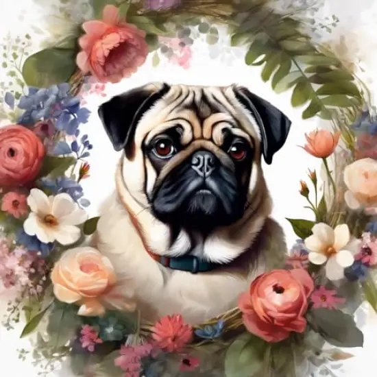 A majestic Pug surrounded by a wreath of flowers Edible Icing Sheets- Assorted Image Cake Toppers-Frosting Sheets- Cookies- Cupcake Toppers for 1/4 Sheet Cake or Larger {1}