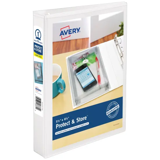 Avery Mini Durable View Protect & Store Binder, 1" Round Rings, 175-Sheet Capacity, 5-1/2" x 8-1/2", White (23011) {1}