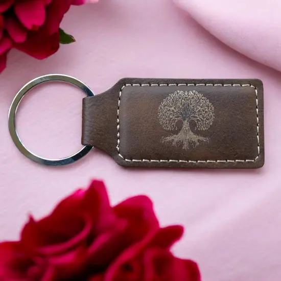 Keychain - Rectangle - Celtic Tree of Life - Leather Black/Silver {6}