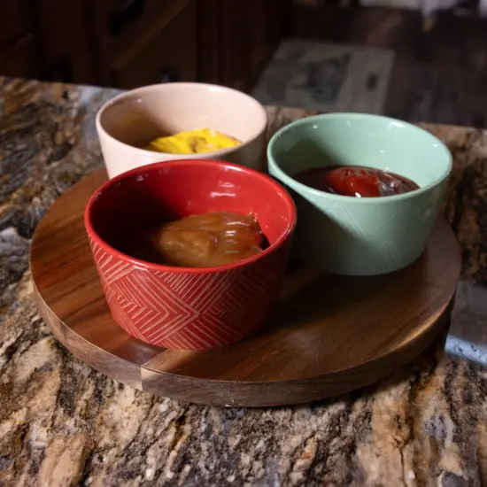 Thirstystone 12-Inch Acacia Wood Lazy Susan Turntable with 3 Ceramic Serving Bowls, Stylish Rotating Server for Condiments, Snacks, and Dips, Perfect for Holiday Dining and Entertaining {7}