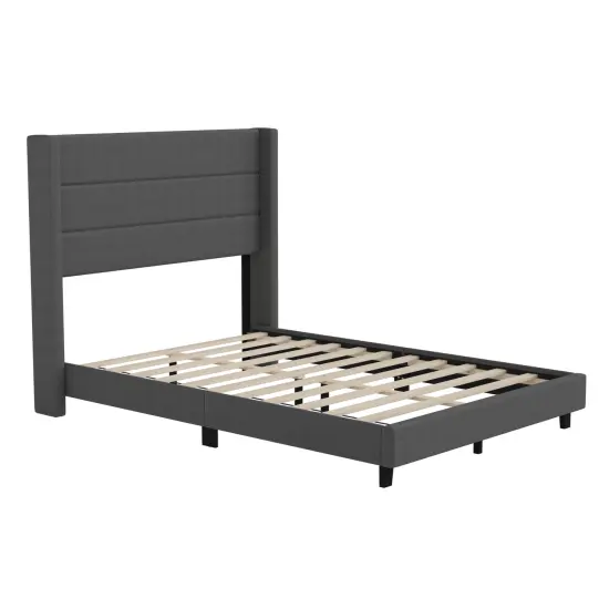 Merrick Lane Percy Modern Platform Bed with Padded Channel Stitched Upholstered Wingback Headboard and Underbed Clearance {8}