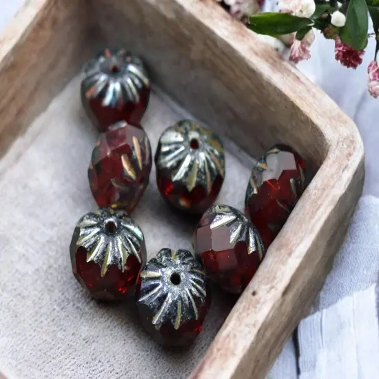 *15* 6x9mm Ruby Red Picasso Fire Polish Cruller Rondelle Beads {2}