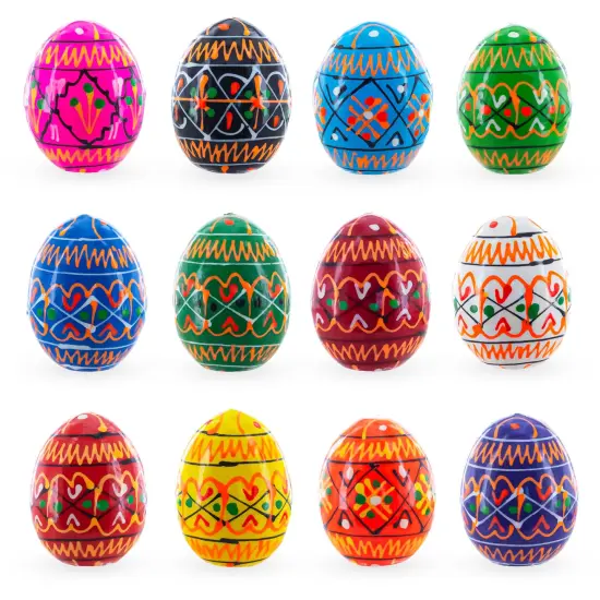 Set of 12 Mini Geometric Ukrainian Pysanky Wooden Easter Eggs 1.6 Inches {3}