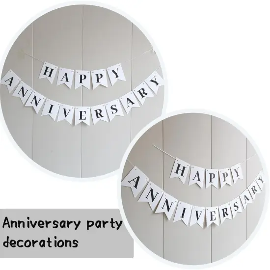 White Happy Anniversary Banner, Happy Anniversary Banner Sign {2}
