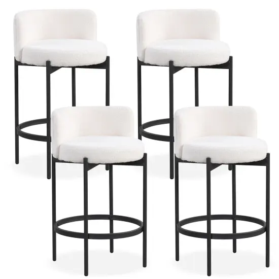 24 Inch Boucle Counter Stools Set with Curved Backrest and Sturdy Metal Frame {3}