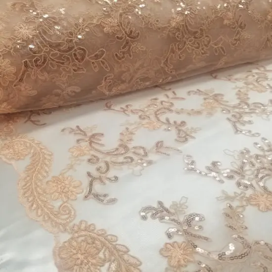 1 Yard Coral Metallic Flowers Sequins Mesh Lace Fabric for Tablecloths and Costumes {3}