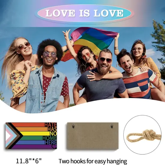 LGBT Rainbow Sign Front Door Decor, Hate Has No Home Here Pride Flag Wooden Wall Decor,Gay Pride Rainbow Decorations for Home Wall Porch Front Door Classroom {2}