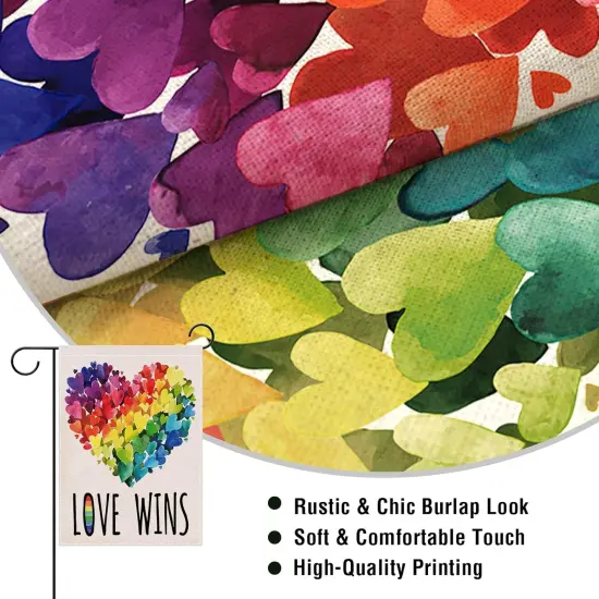 Gay Pride Love Wins Rainbow Small Decorative Garden Flag, LGBTQ Hearts Yard Lawn Outside Pride Month Decor, Lesbian Bisexual Pansexual Burlap Outdoor Home Decoration Double Sided 12 x 18 {3}