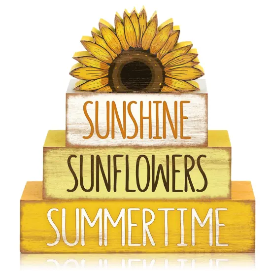 4 Pcs Summer Wooden Tiered Tray Decor Farmhouse Rustic Table Decor Books Stack Block Signs for Table & Home Office Decorations(Sunflower Style) {1}