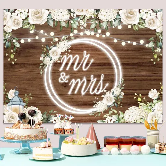 White Rose Wedding Backdrop for Reception Mr and Mrs Banner Bridal Shower Engaged Party Decorations Backdrop for Wedding Glitter Lights Floral Wooden Wedding Banner 7x5Ft {4}