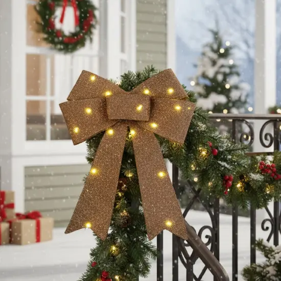 3 Sparkling Set of Pre Lit Holiday Bows Christmas Ribbon Decorations {5}