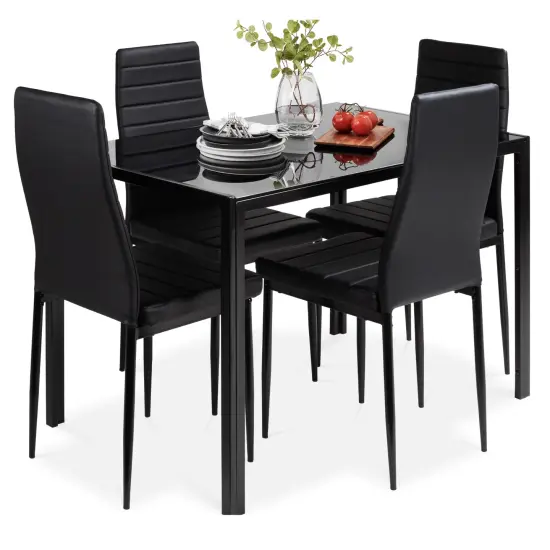Best Choice Products 5-Piece Kitchen Dining Table Set w/ Glass Tabletop, 4 Faux Leather Chairs Black {1}