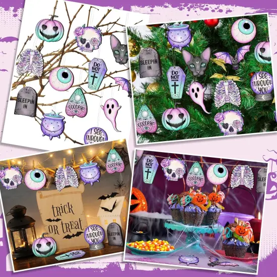 36 Pcs Halloween Wooden Ornaments Cute Purple Pink Spooky Tree Ornaments - Cute {6}