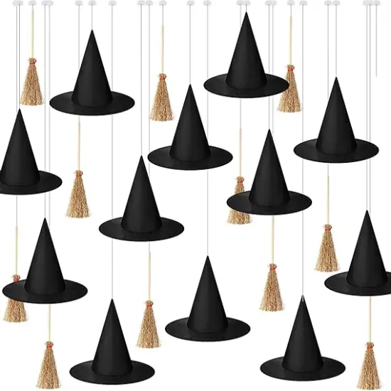 24 PCS Halloween Decorations &ndash; 12 Mini Witch Hats & 12 Mini Brooms with Rope and Hooks {1}