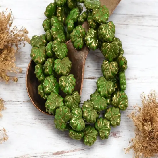 *20* 10x13mm Gold Lustered Olive Green Maple Leaf Beads {4}