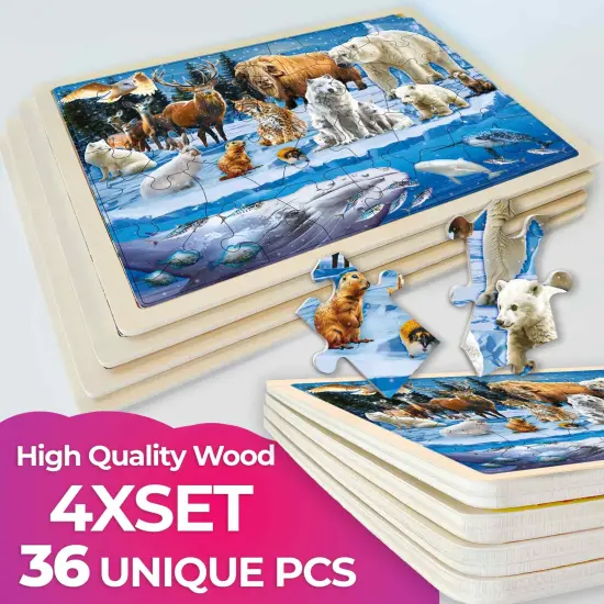 4 Set 36 Pcs Wooden Puzzles for Kids | Polar & Tropical Animals {3}