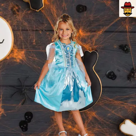 Girls Cinderella Sparkle Costume Blue Satin Dress with Sheer Sleeves {4}