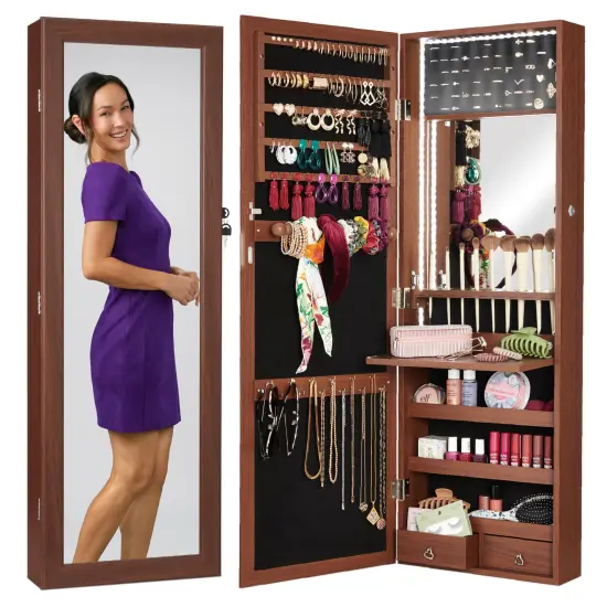 Best Choice Products Hanging Mirror Jewelry Armoire, Door or Wall Mounted Cabinet w/ LED Lights, Lock Walnut {1}