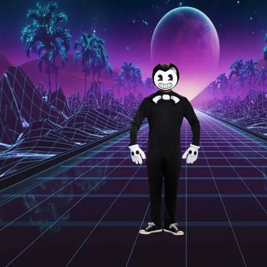 Classic Bendy Teen adult Costume Black Jumpsuit with Mask and Gloves Set Black/White {6}